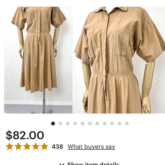 Utility Vintage 80s Button Down Fit and Flare Khaki Belted Shirtdress pockets - Picture 4 of 11